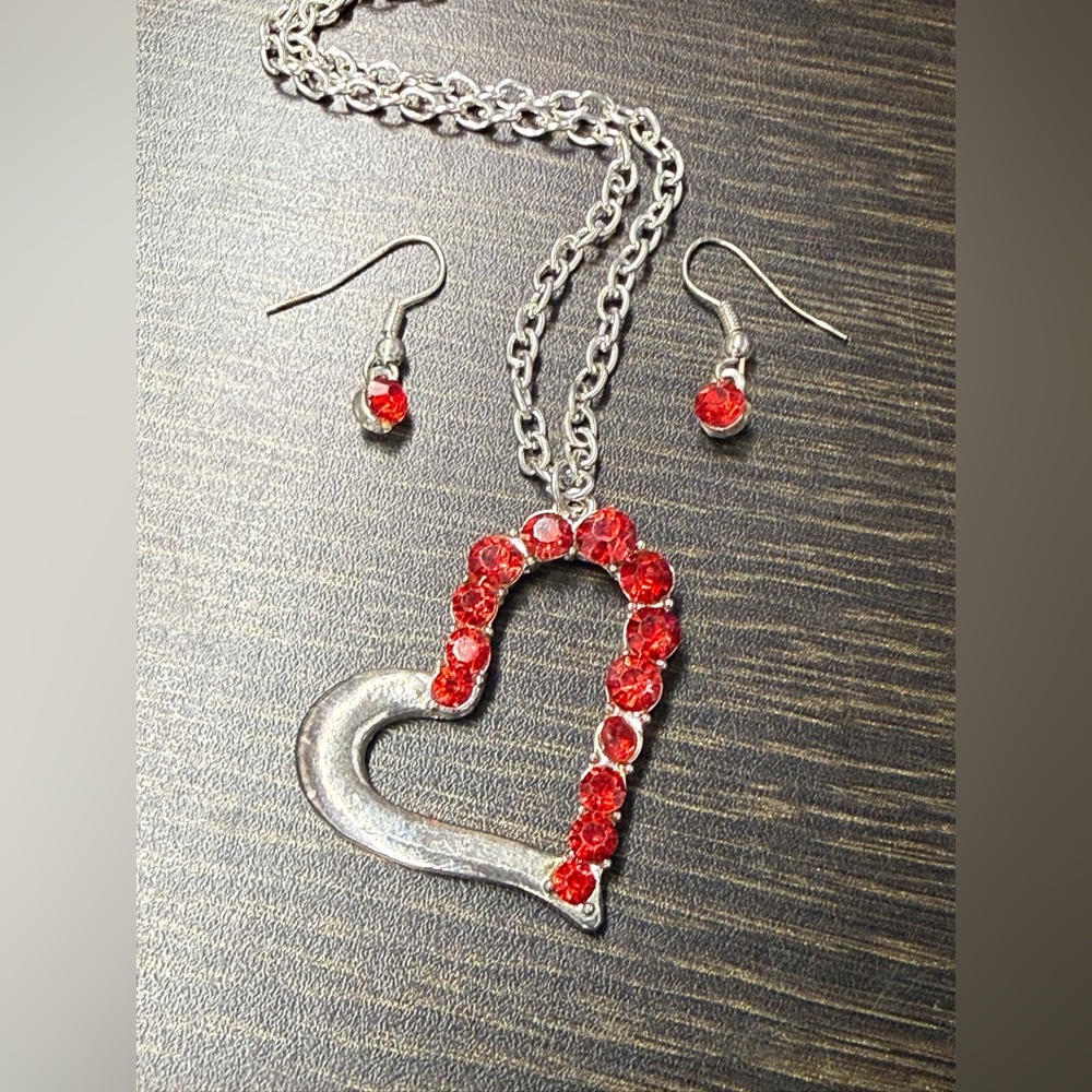 Silver Heart Necklace and Earring Set with Red Accents